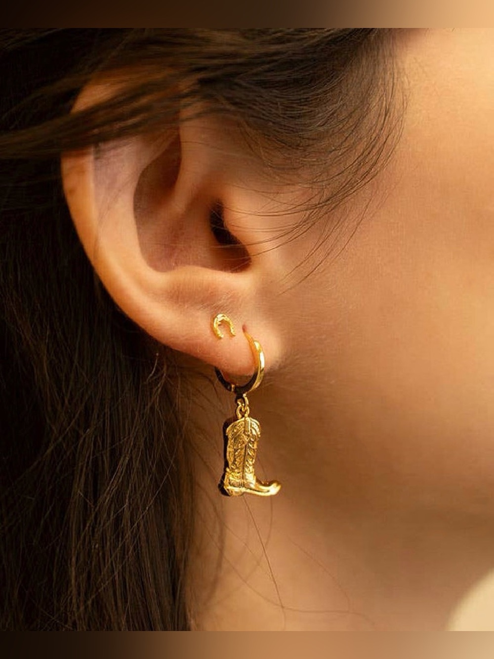 Gold Cowboy Boot Dangle Hoop Earrings - Women Jewelry
